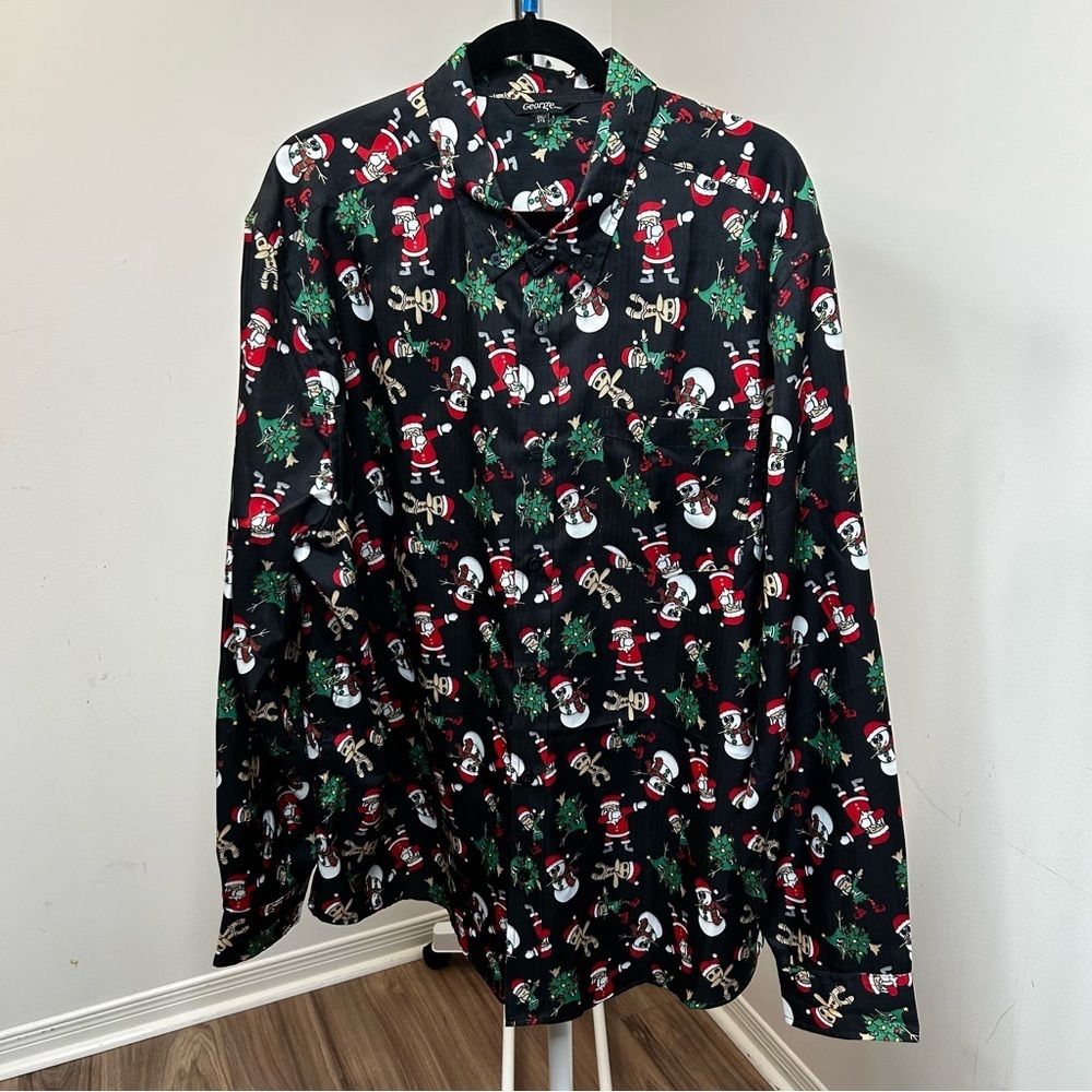 ❤️ Christmas Button Up Long Sleeve Dress Shirt Santa Snowman Elf George Mens 2XL